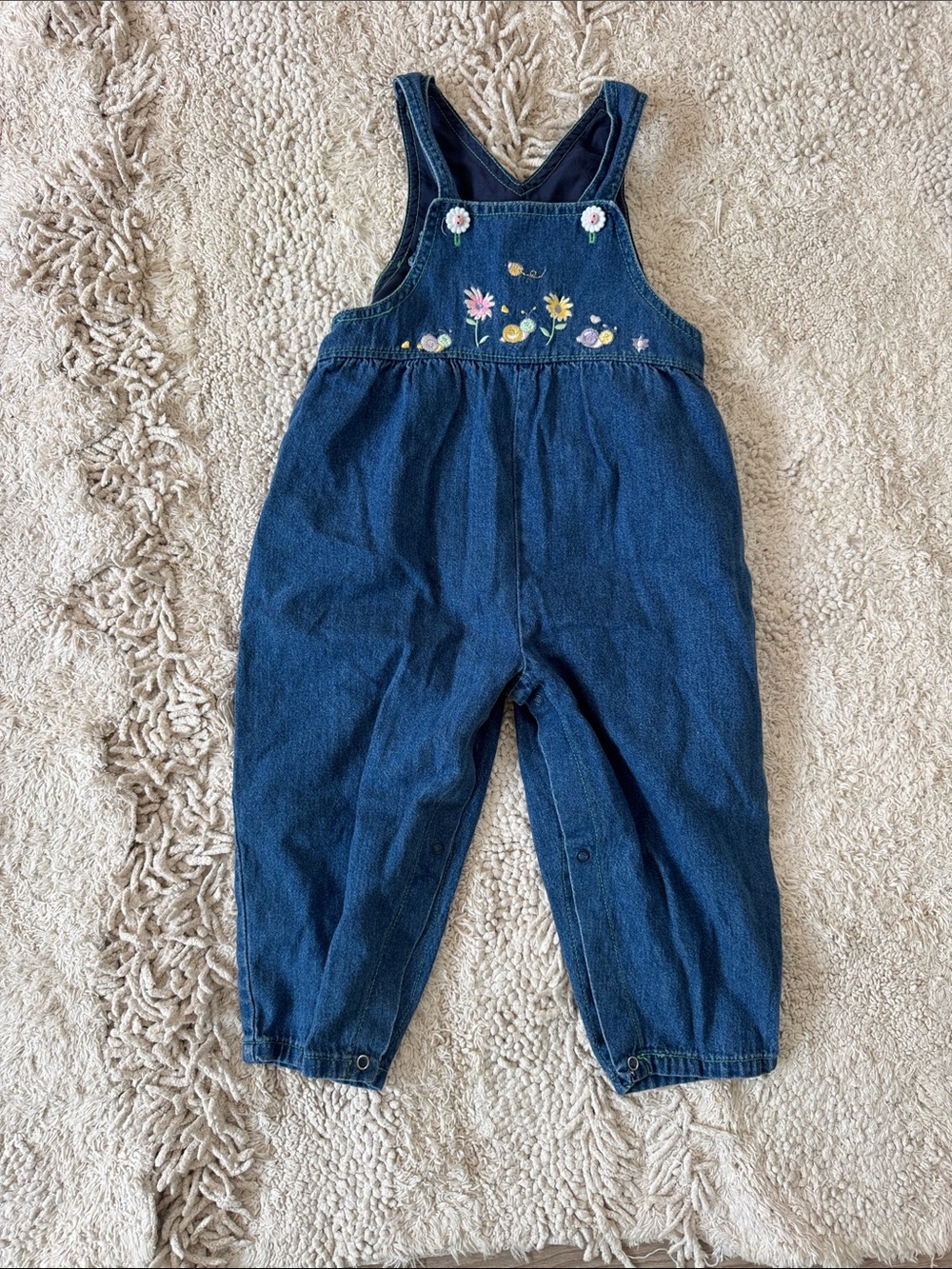 Vintage Dark Blue Denim Overalls with floral embroidery